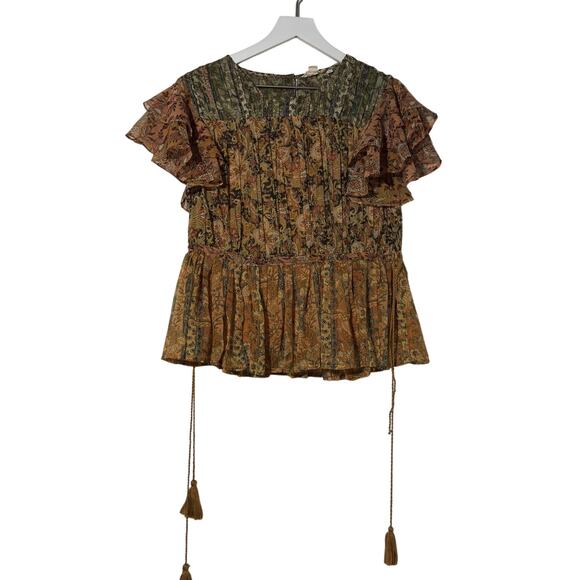 Anthropologie Let Me Be Peasant Blouse With Tassel Accent Muted Colors Size 6 - Picture 2 of 9